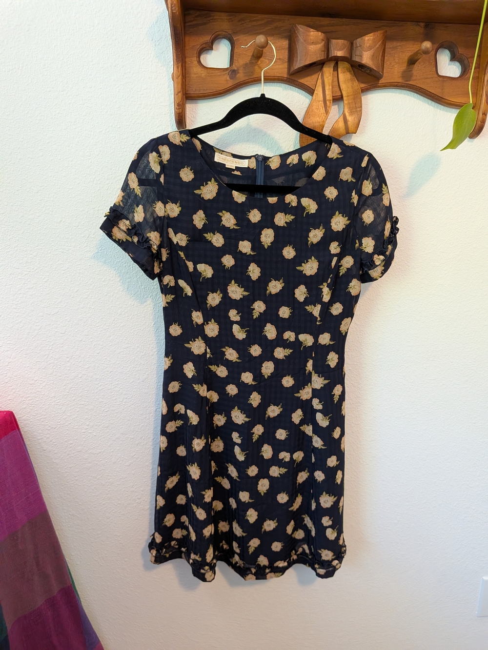 Navy Floral Short Sleeve Mini Dress With Ruffle Detailing